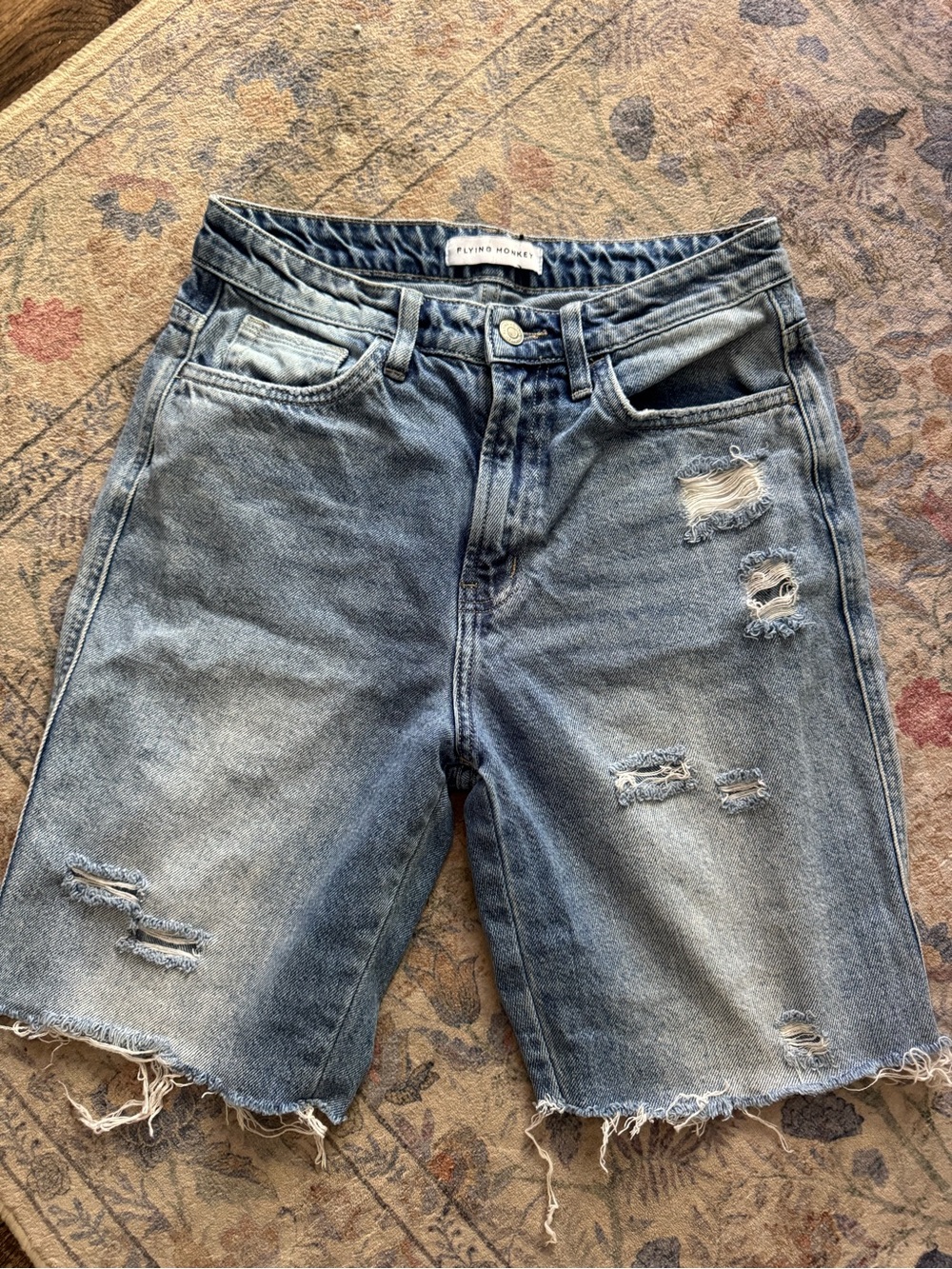 Flying Monkey Medium Wash Denim Shorts with Branded Button